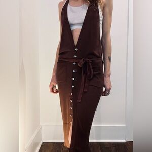 90s Brown Silk Cotton Button-Down Midi Dress